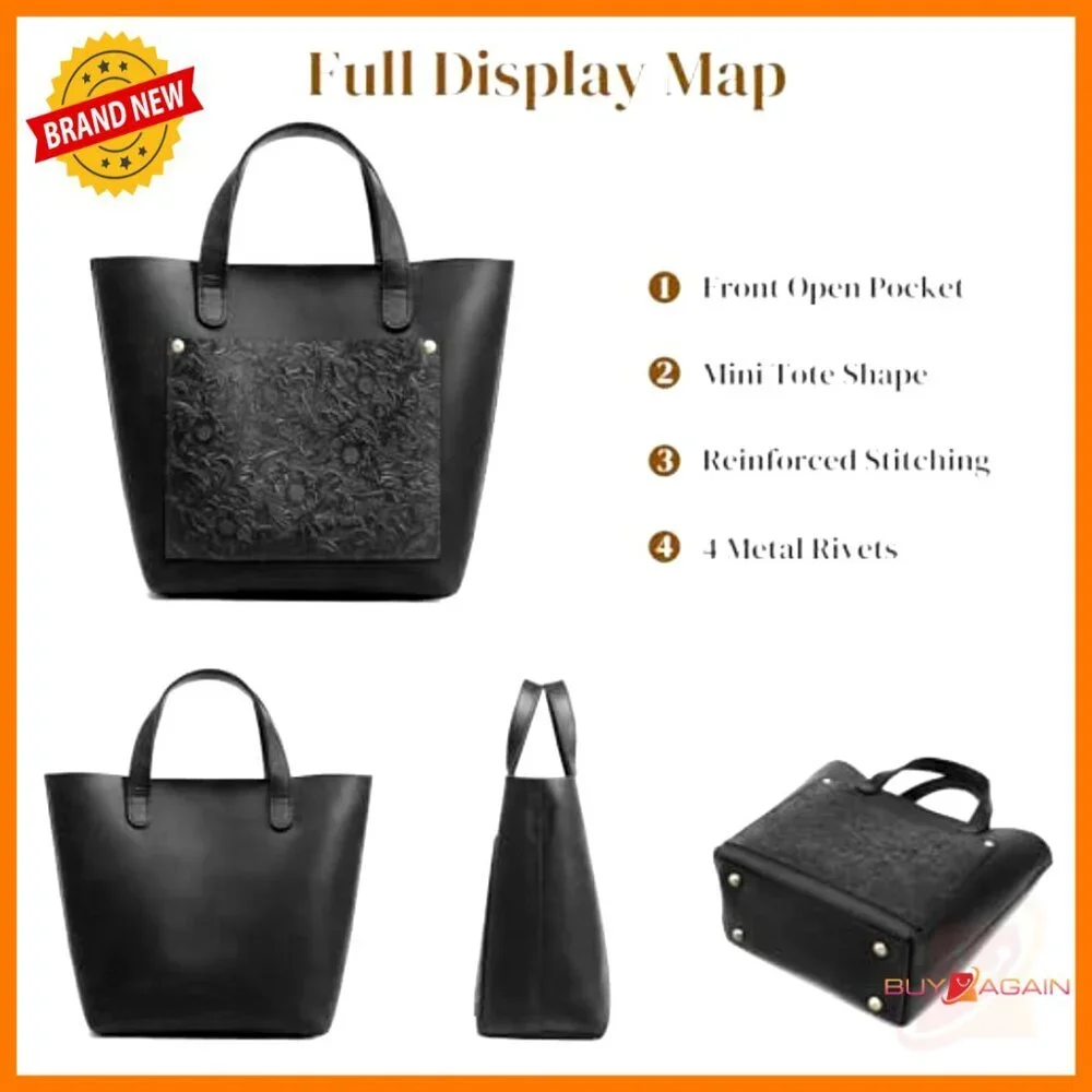 Leather Mini Crossbody Tote Satchel with Inner Pouch Adjustable Strap - Picture 6 of 7